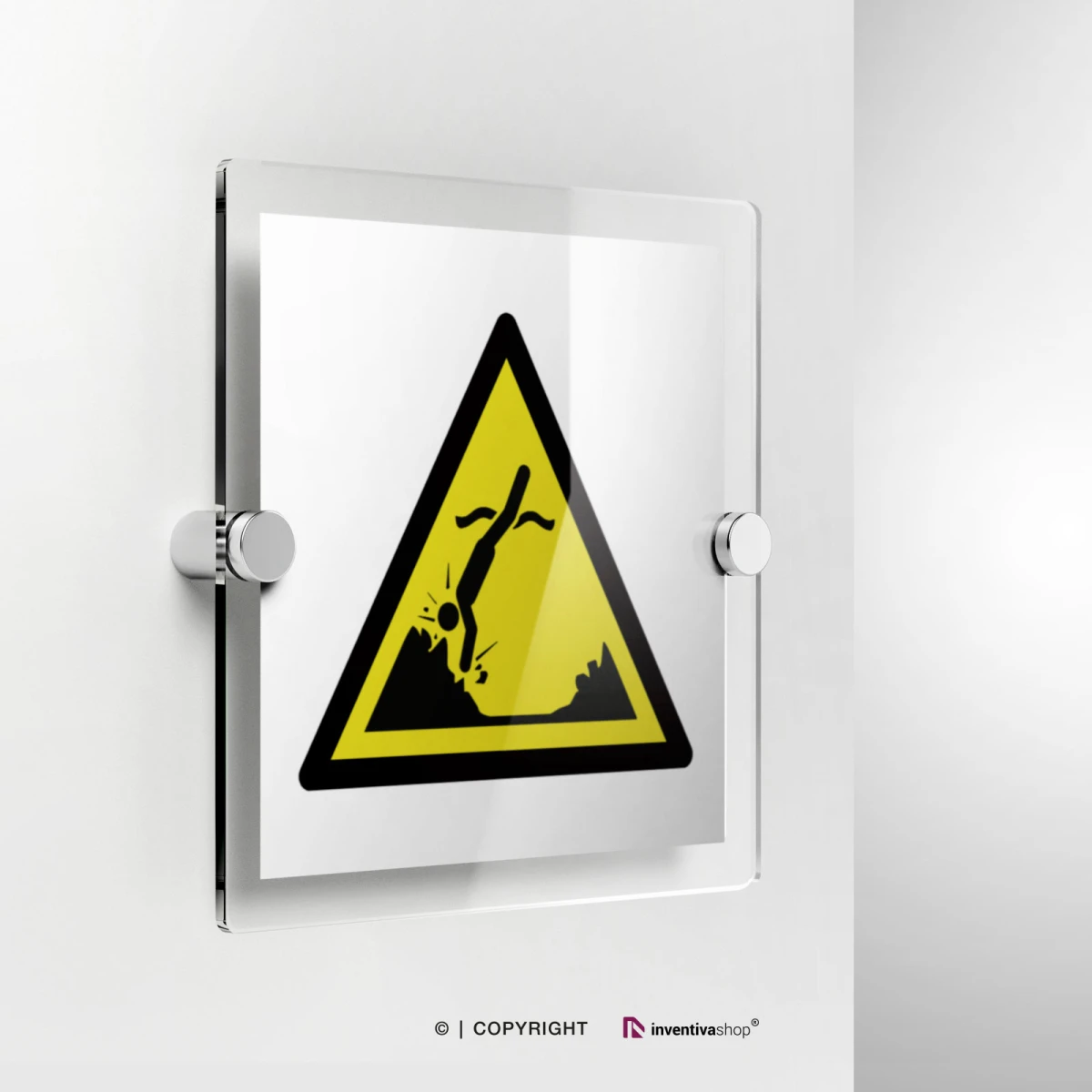 Cartello di pericolo attenzione oggetti sommersi W049 in plexiglass con fissaggio a parete