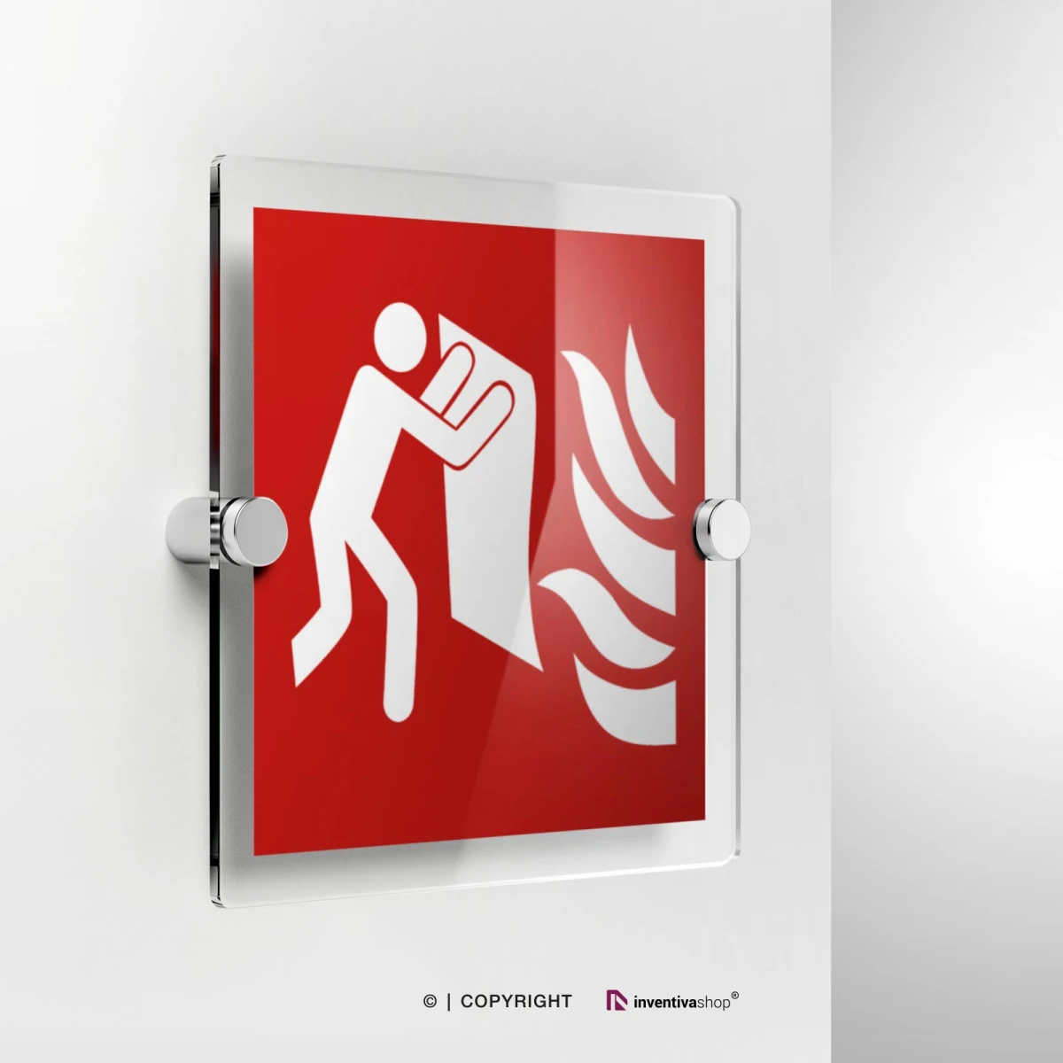 Cartello in plexiglass con due distanziatori e simbolo coperta antifiamma F016