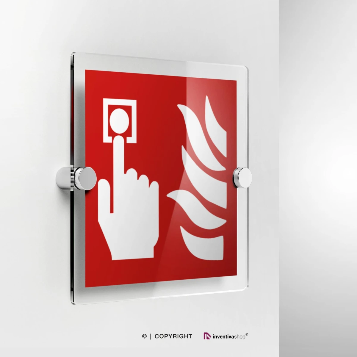 Cartello in plexiglass con due distanziatori simbolo pulsante allarme antincendio F005