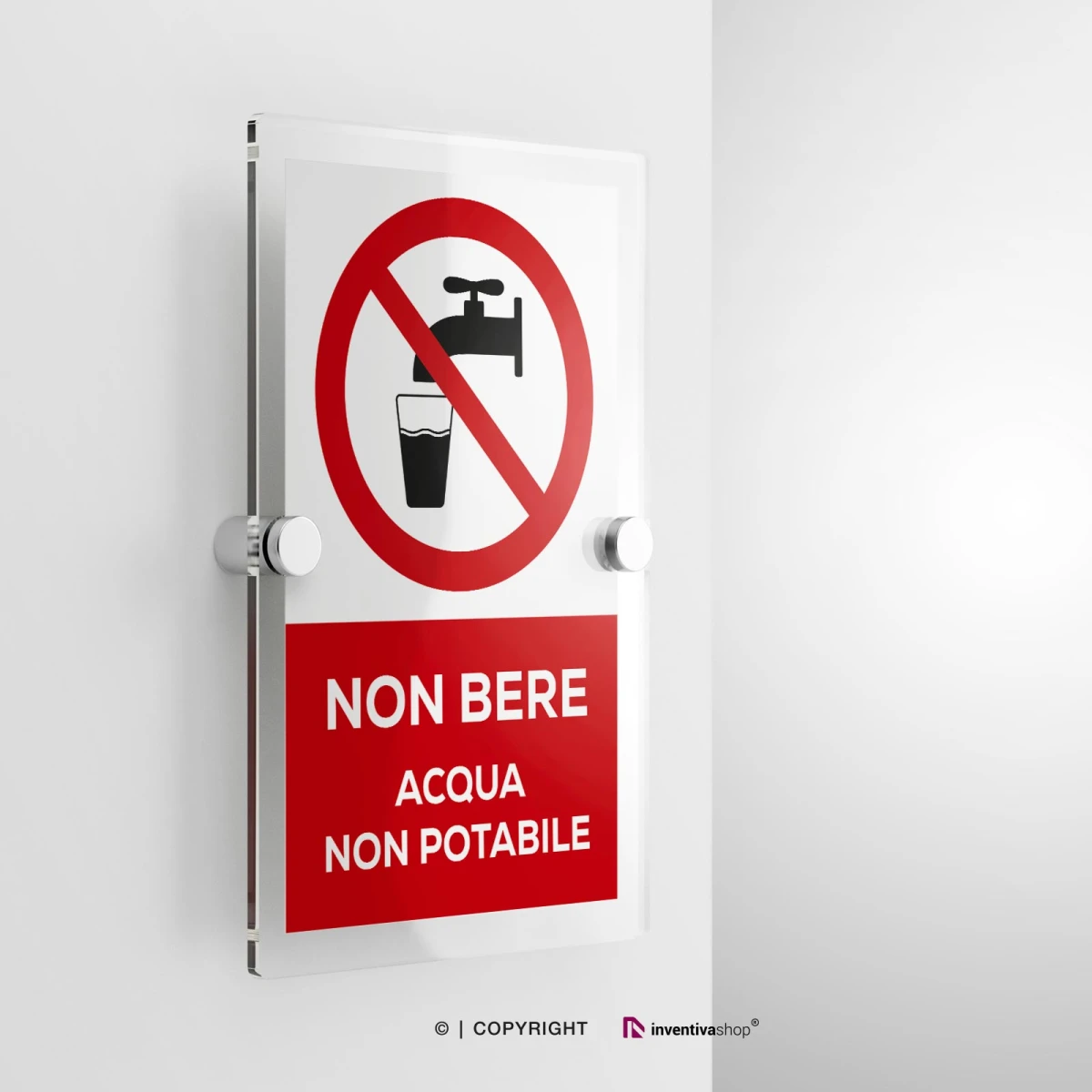 Cartello non bere acqua non potabile con testo modello verticale in plexiglass con due distanziatori