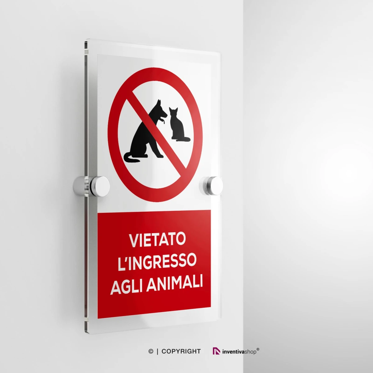 Cartello vietato l'ingresso agli animali con testo modello verticale in plexiglass con due distanziatori