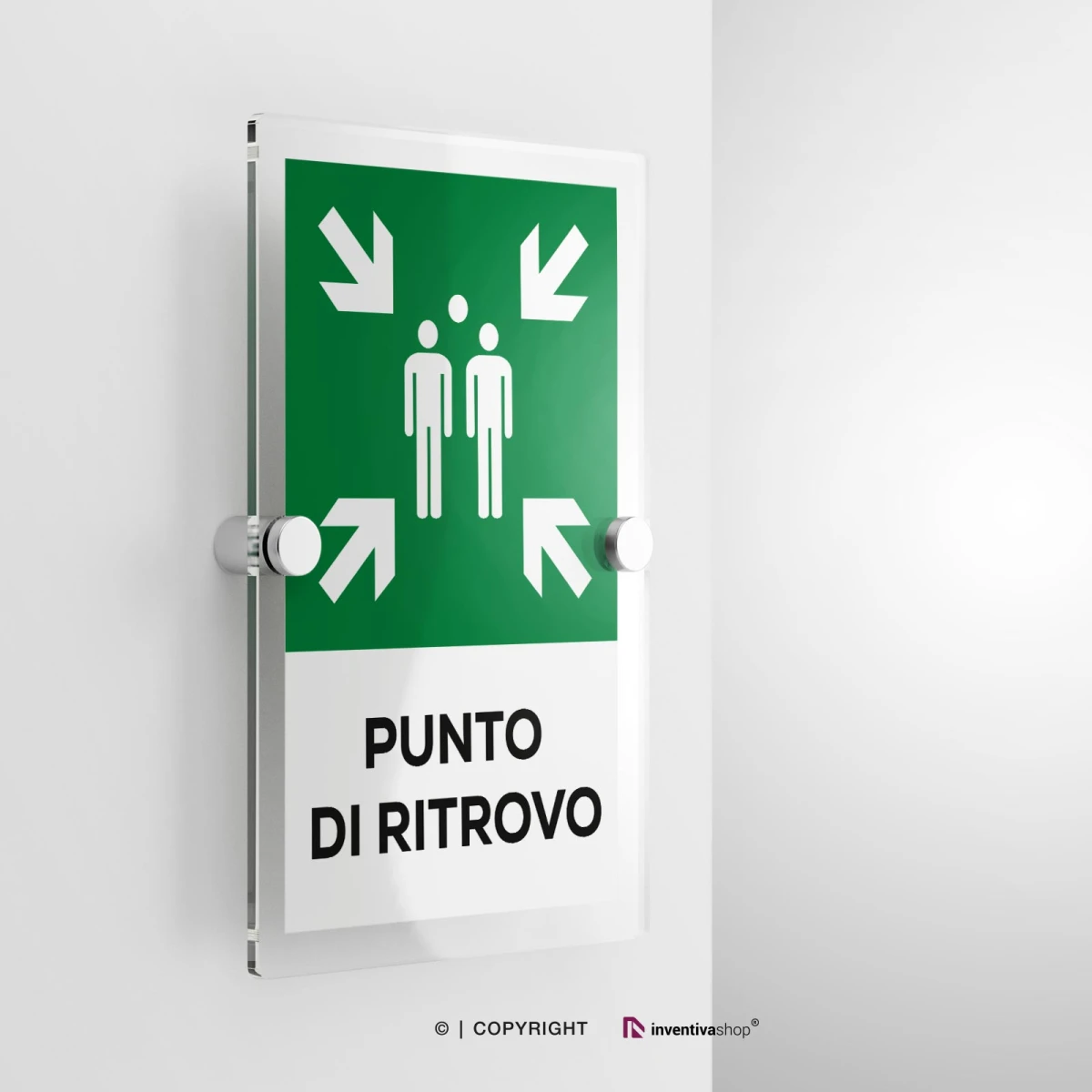 Cartello punto di ritrovo con testo modello verticale in plexiglass con due distanziatori