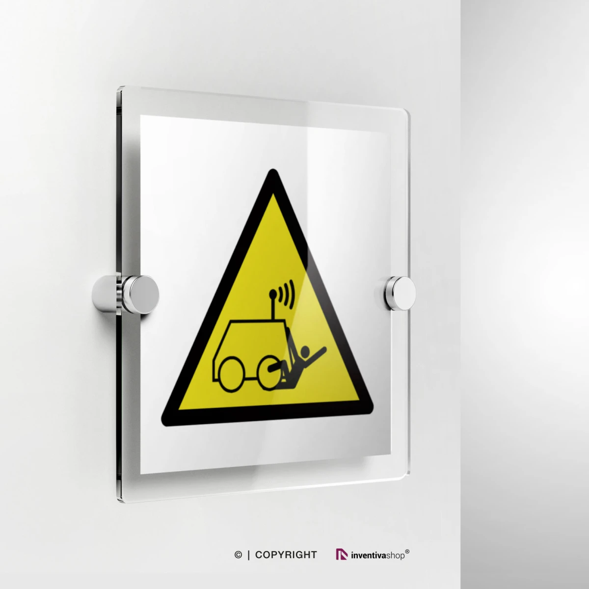 Cartello pericolo di essere investiti dai veicoli comandati a distanza W037 in plexiglass con fissaggio a parete
