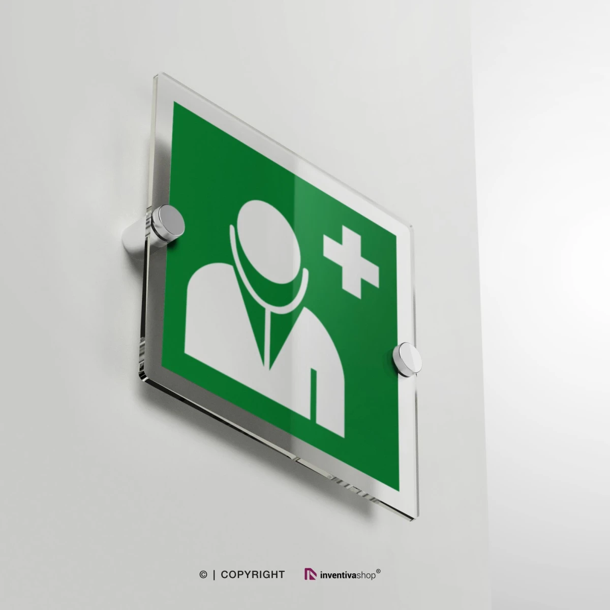 Cartello medico d'emergenza E009 in plexiglass con due distanziatori