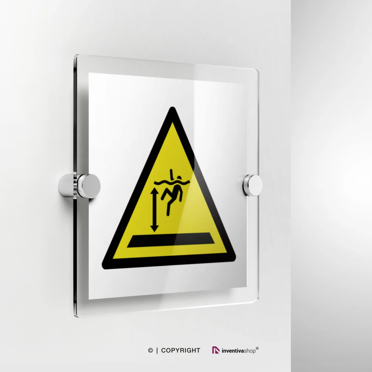 Cartello di pericolo attenzione acque profonde W047 in plexiglass con fissaggio a parete