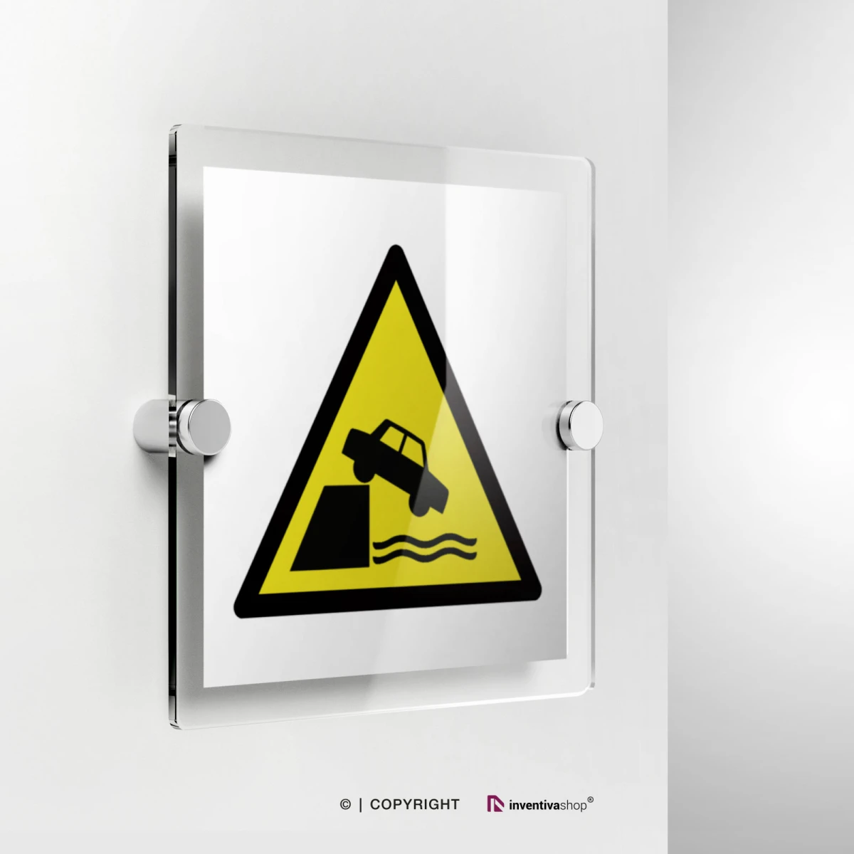 Cartello di pericolo attenzione argini non protetti W051 in plexiglass con fissaggio a parete