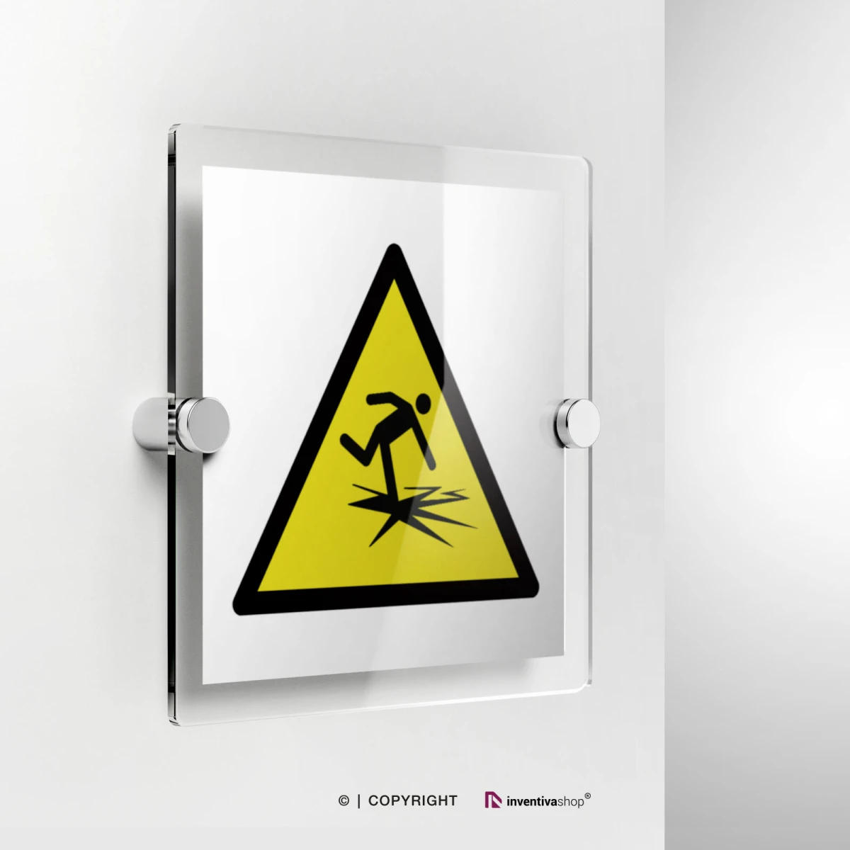 Cartello pericolo ghiaccio sottile W043 in plexiglass con fissaggio a parete