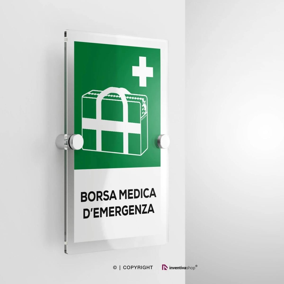 Cartello borsa medica d'emergenza con testo modello verticale in plexiglass con due distanziatori