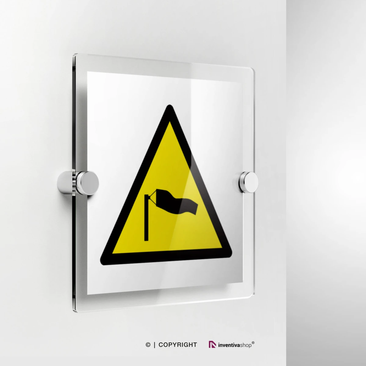 Cartello di pericolo attenzione venti forti W064 in plexiglass con fissaggio a parete