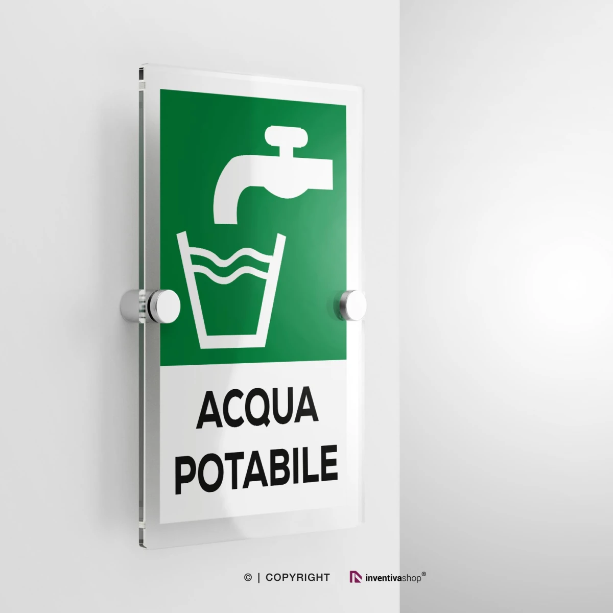 Cartello acqua potabile con testo formato verticale in plexiglass con due distanziatori