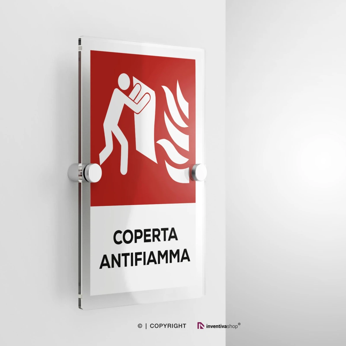 Cartello coperta antifiamma con testo modello verticale in plexiglass con due distanziatori