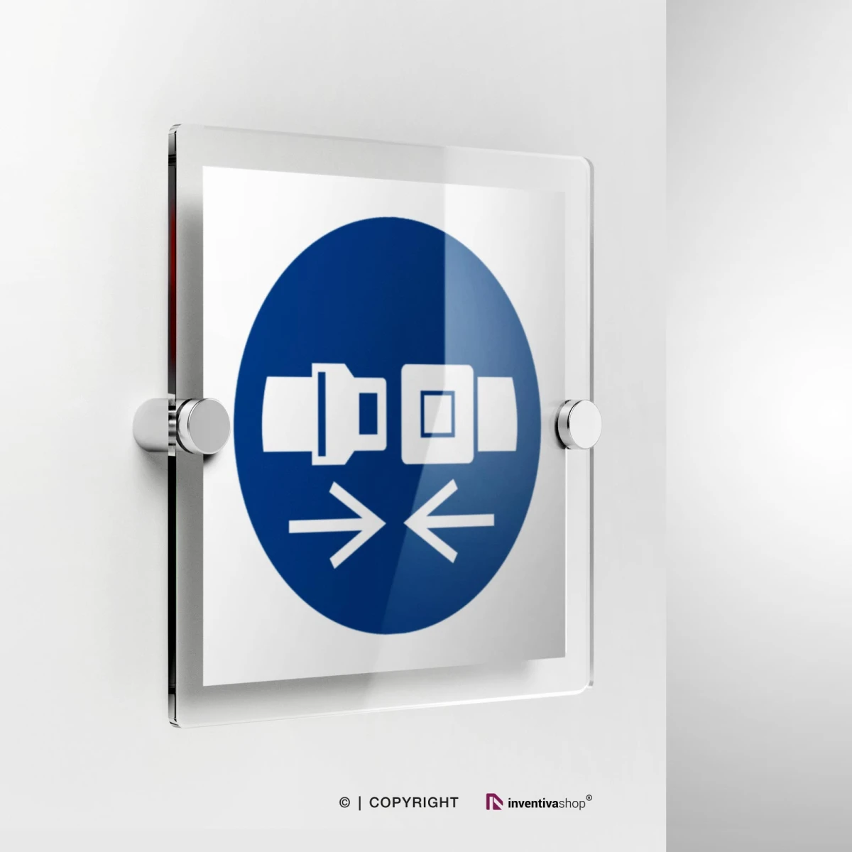 Cartello agganciare le cinture di sicurezza M020 in plexiglass con fissaggio a parete