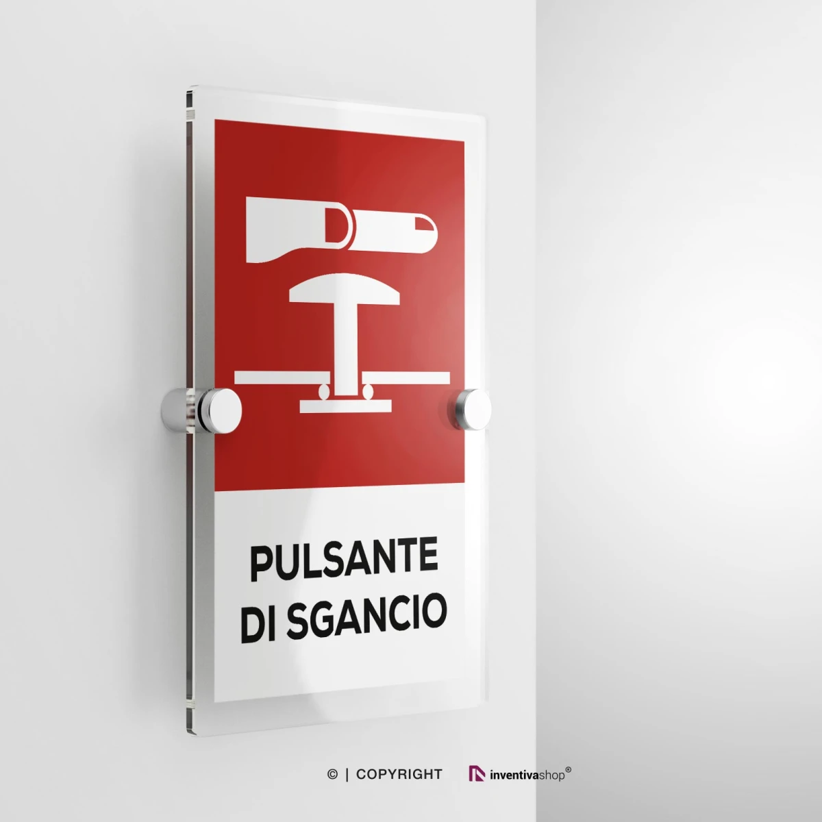 Cartello pulsante di sgancio con testo modello verticale in plexiglass con due distanziatori