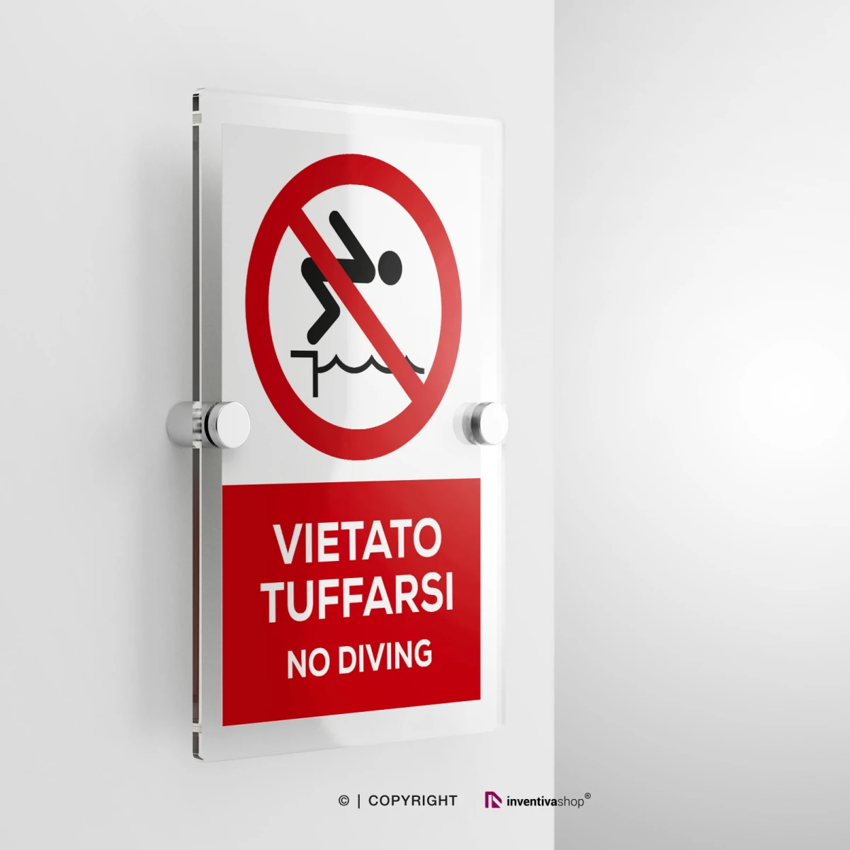 Cartello vietato tuffarsi con testo modello verticale in plexiglass con due distanziatori