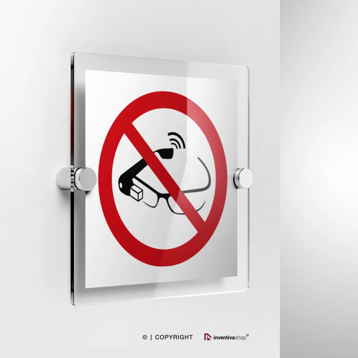 Cartello proibito l'uso degli smart glass P044 in plexiglass con fissaggio a parete