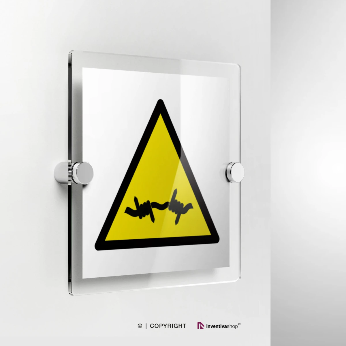 Cartello attenzione filo spinato W033 in plexiglass con fissaggio a parete
