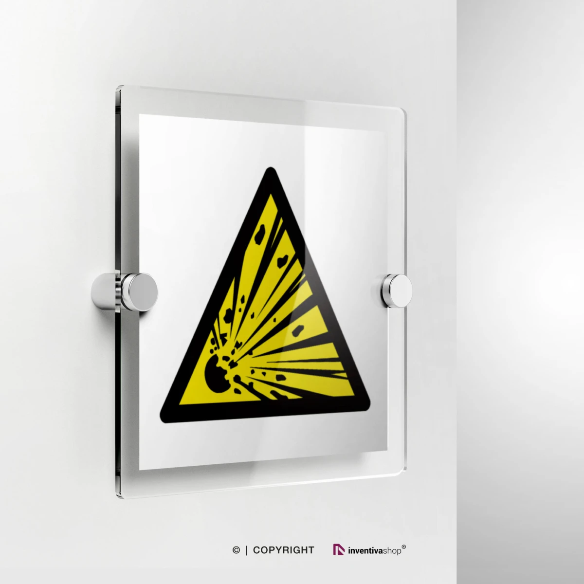 Cartello pericolo materiali esplosivi W002 in plexiglass con fissaggio a parete