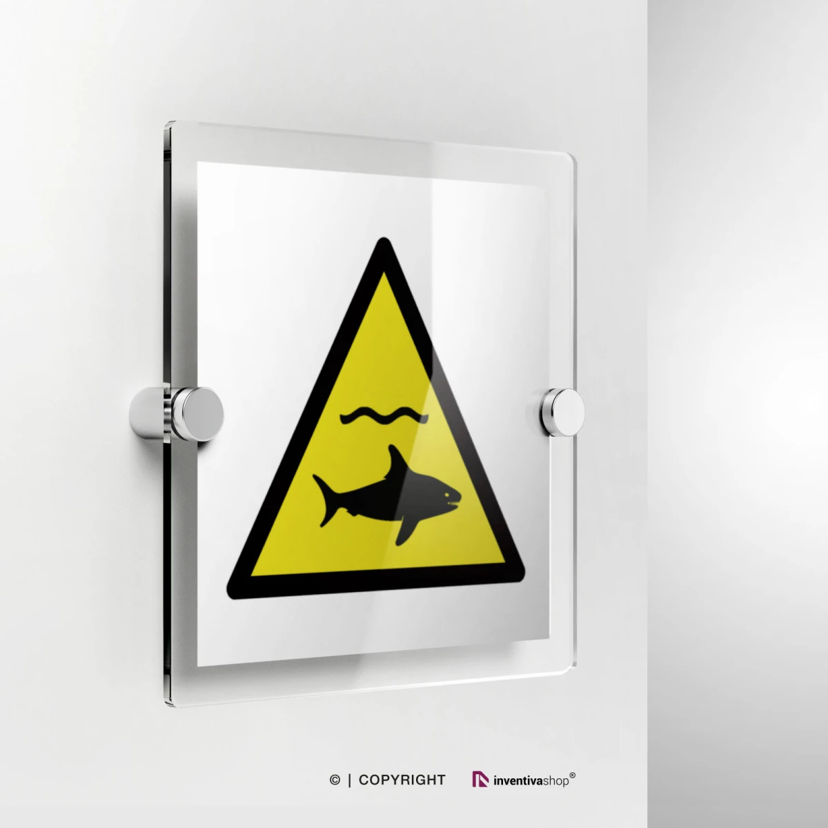 Cartello di pericolo attenzione squali W054 in plexiglass con fissaggio a parete