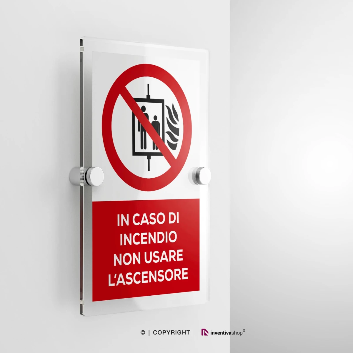 Cartello in caso di incendio non usare l'ascensore con testo modello verticale in plexiglass con due distanziatori