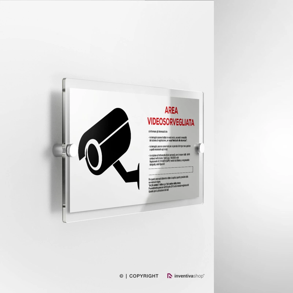 Cartello area videosorvegliata con legge formato rettangolare modello 2:1 in plexiglass con fissaggio a parete