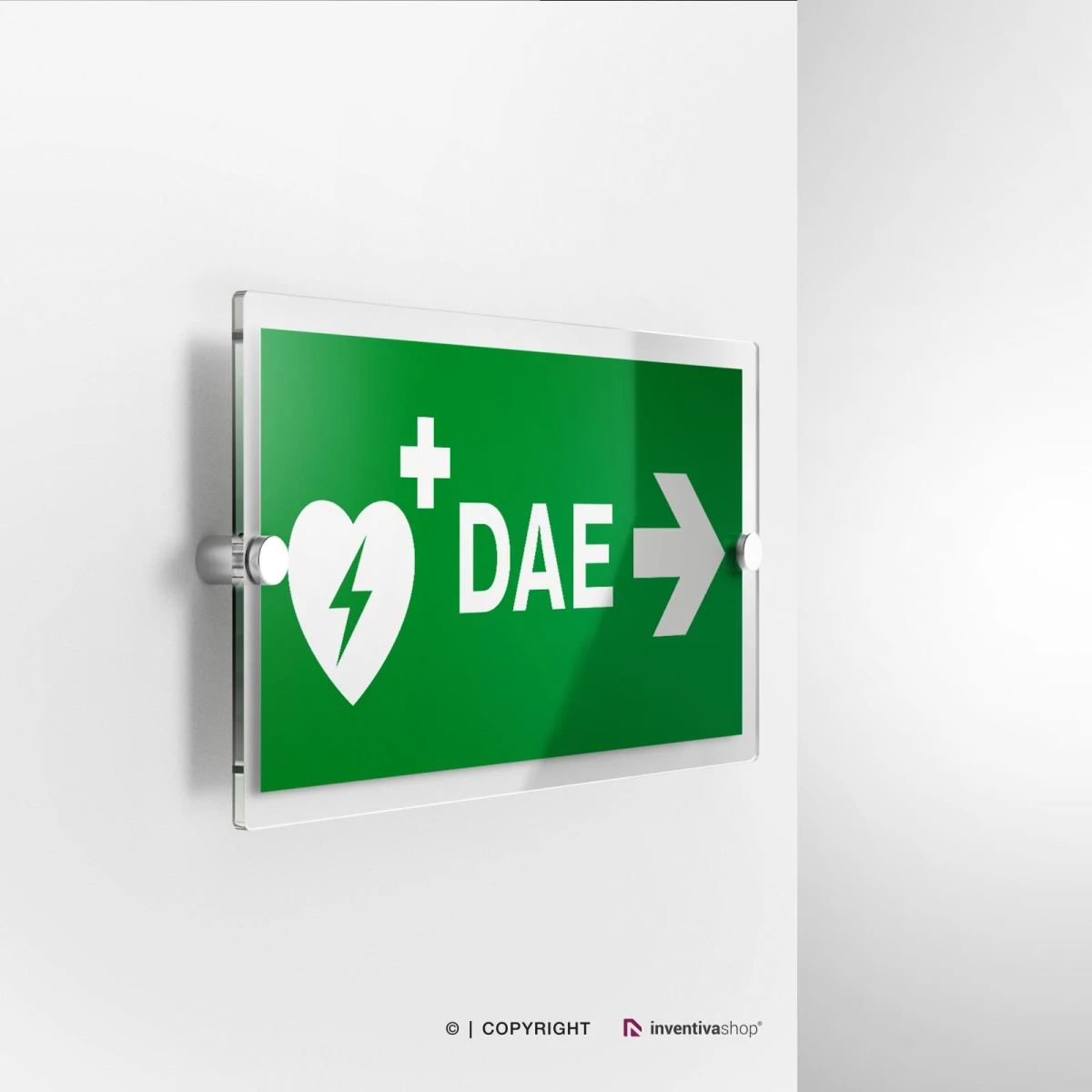 Cartello DAE defibrillatore destra formato rettangolare modello 2:1 in plexiglass con fissaggio a parete