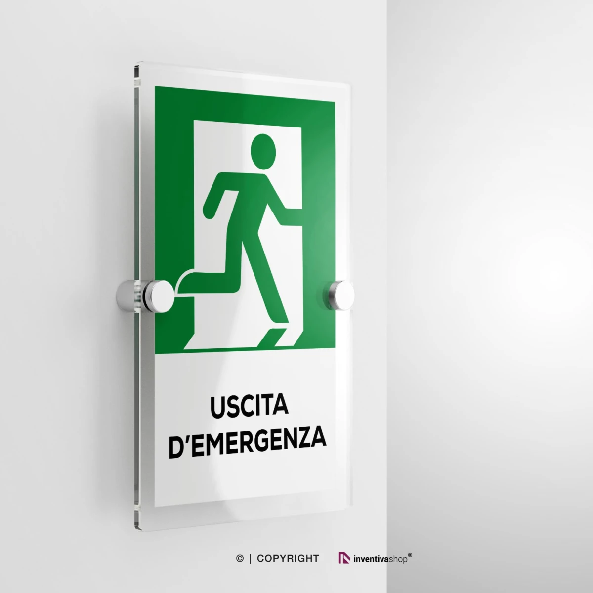 Cartello uscita di emergenza a destra con testo modello verticale in plexiglass con due distanziatori