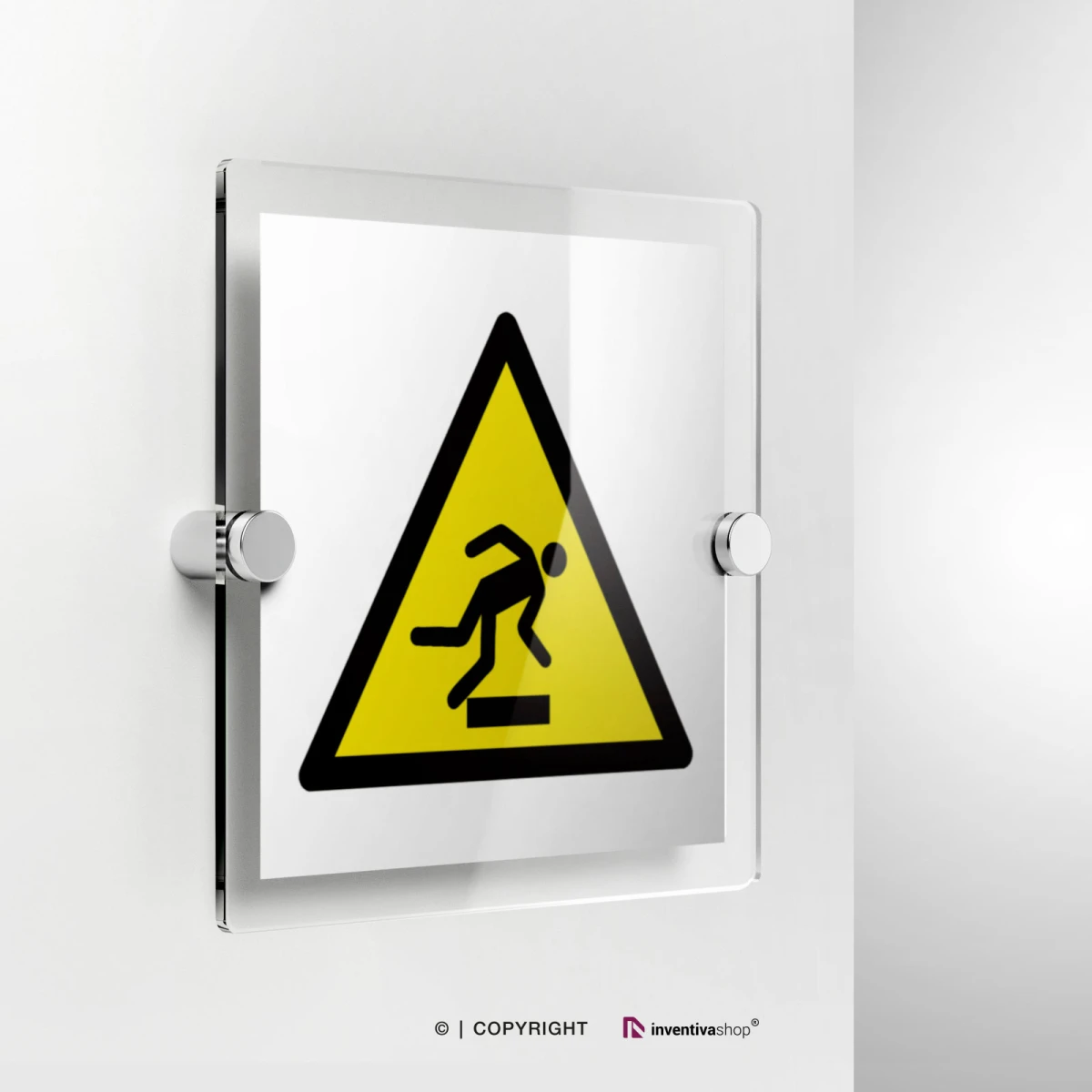 Cartello pericolo di inciampo W007 in plexiglass con fissaggio a parete
