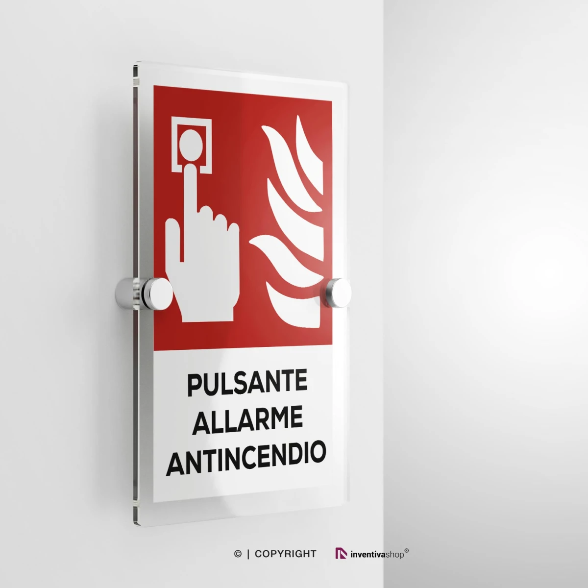 Cartello pulsante allarme antincendio con testo modello verticale in plexiglass con due distanziatori
