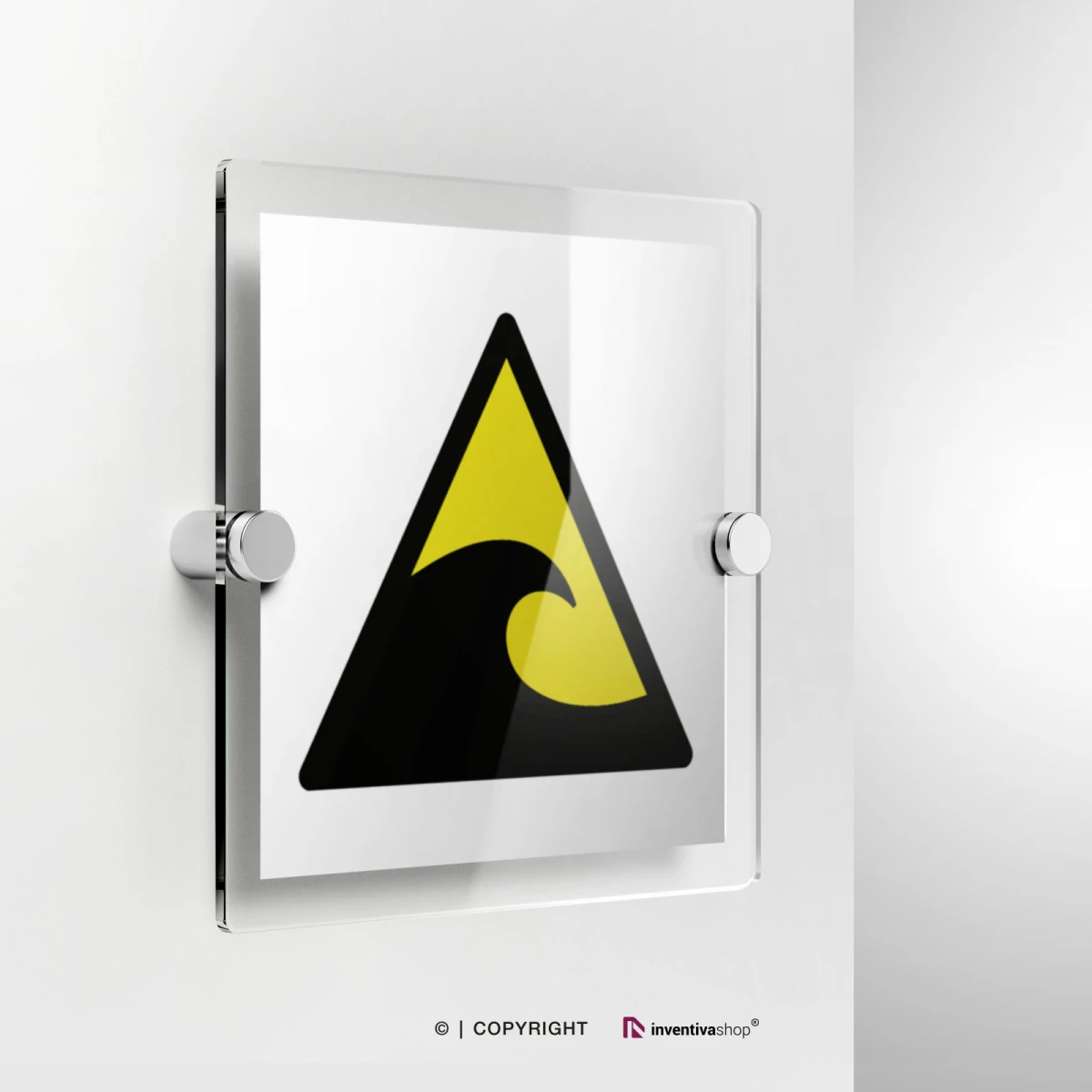 Cartello di pericolo attenzione zona pericolo tsunami W056 in plexiglass con fissaggio a parete