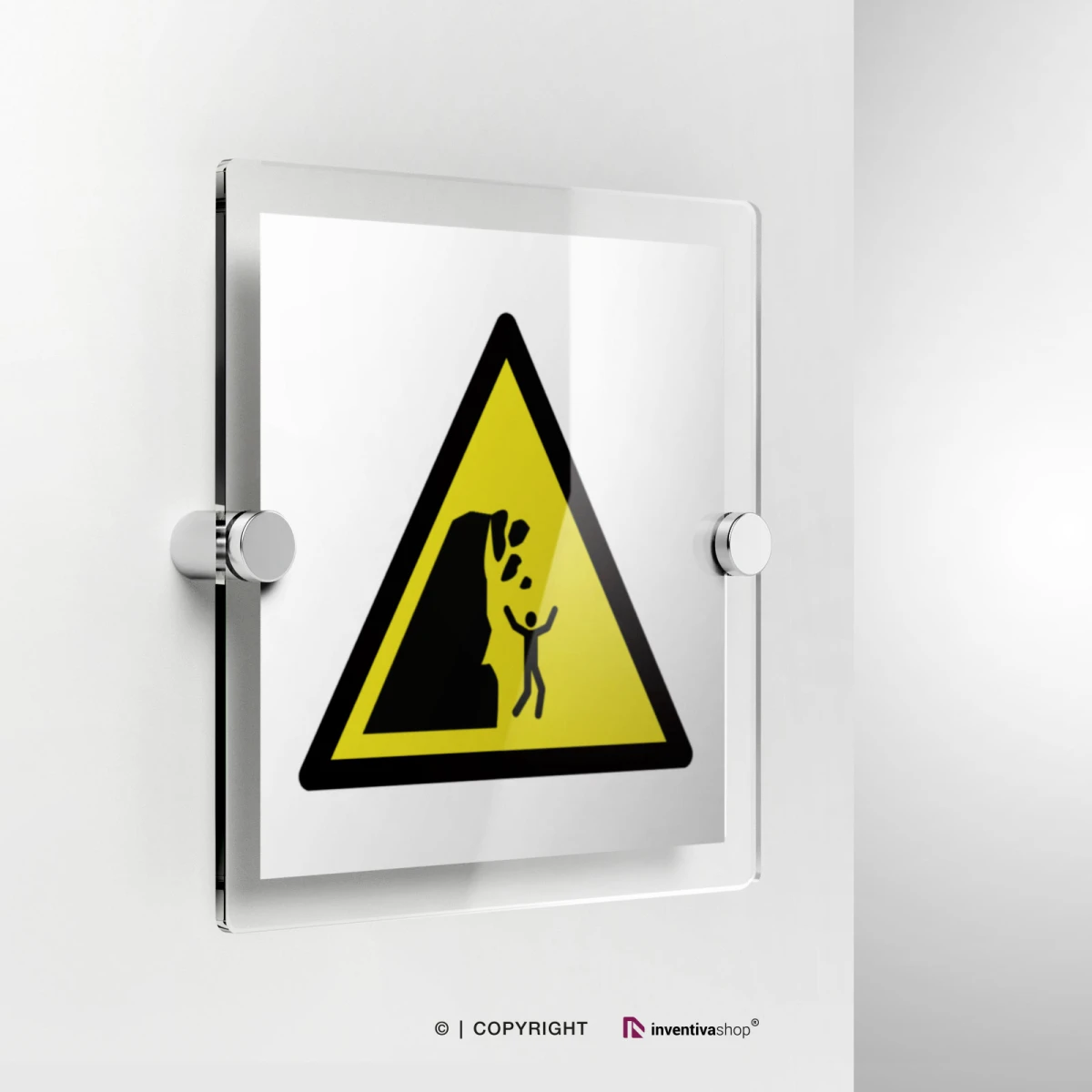 Cartello di pericolo attenzione scogliera instabile W053 in plexiglass con fissaggio a parete