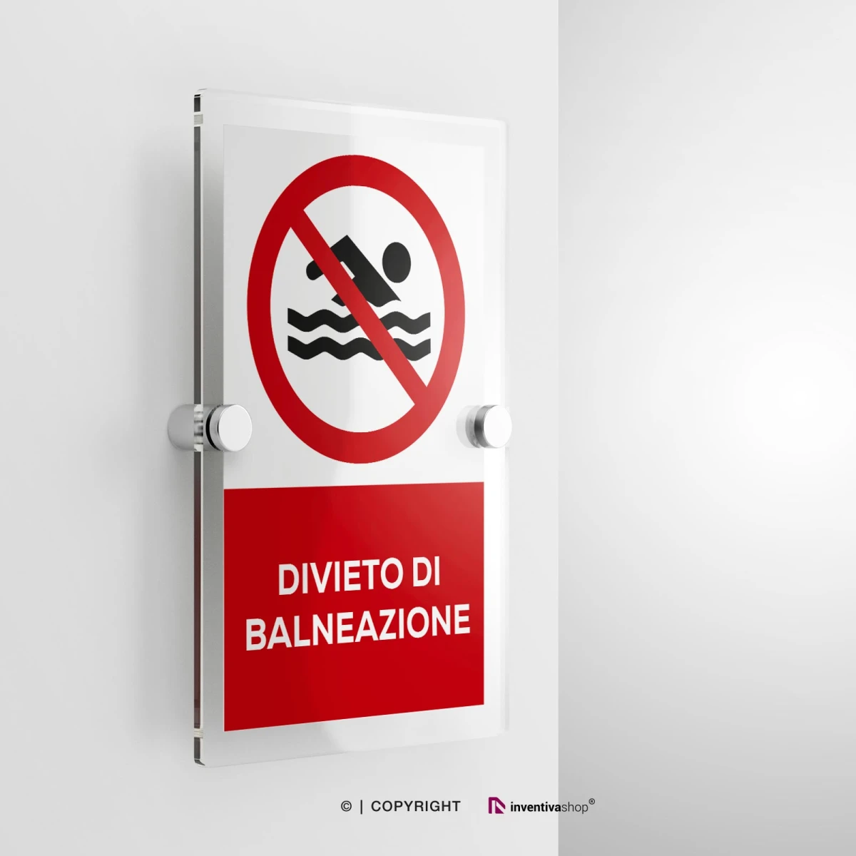 Cartello divieto di balneazione con testo modello verticale in plexiglass con due distanziatori