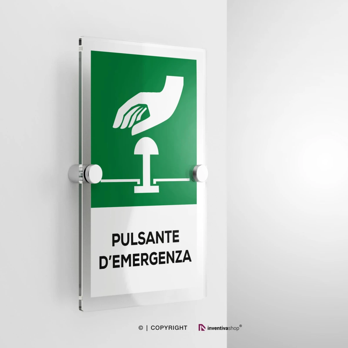 Cartello pulsante d'emergenza con testo modello verticale in plexiglass con due distanziatori