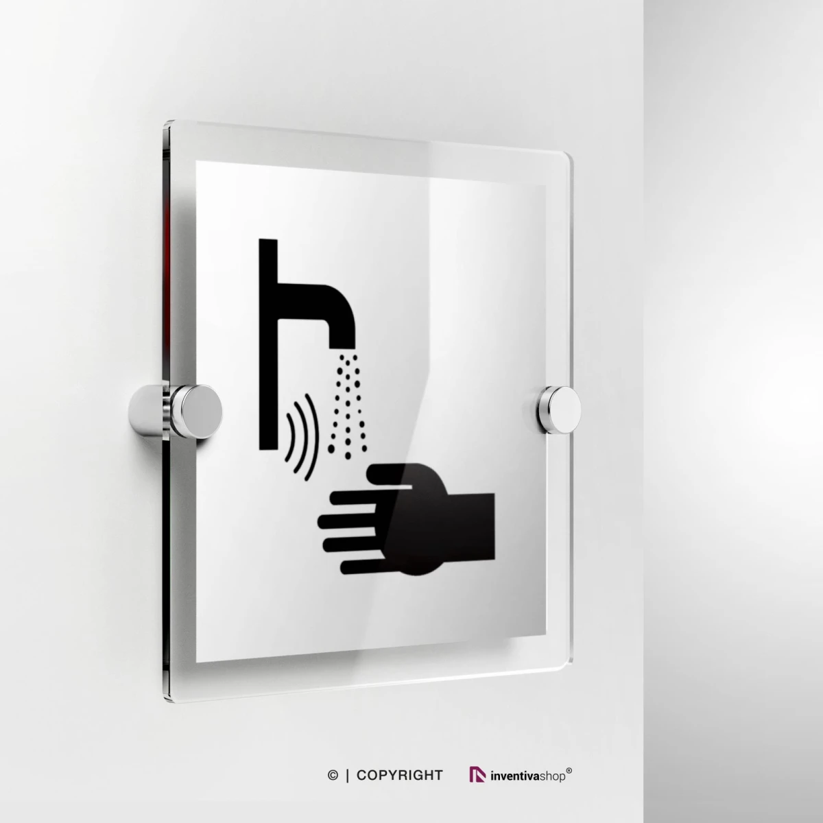 Cartello lavandino con sensore in plexiglass con fissaggio a parete