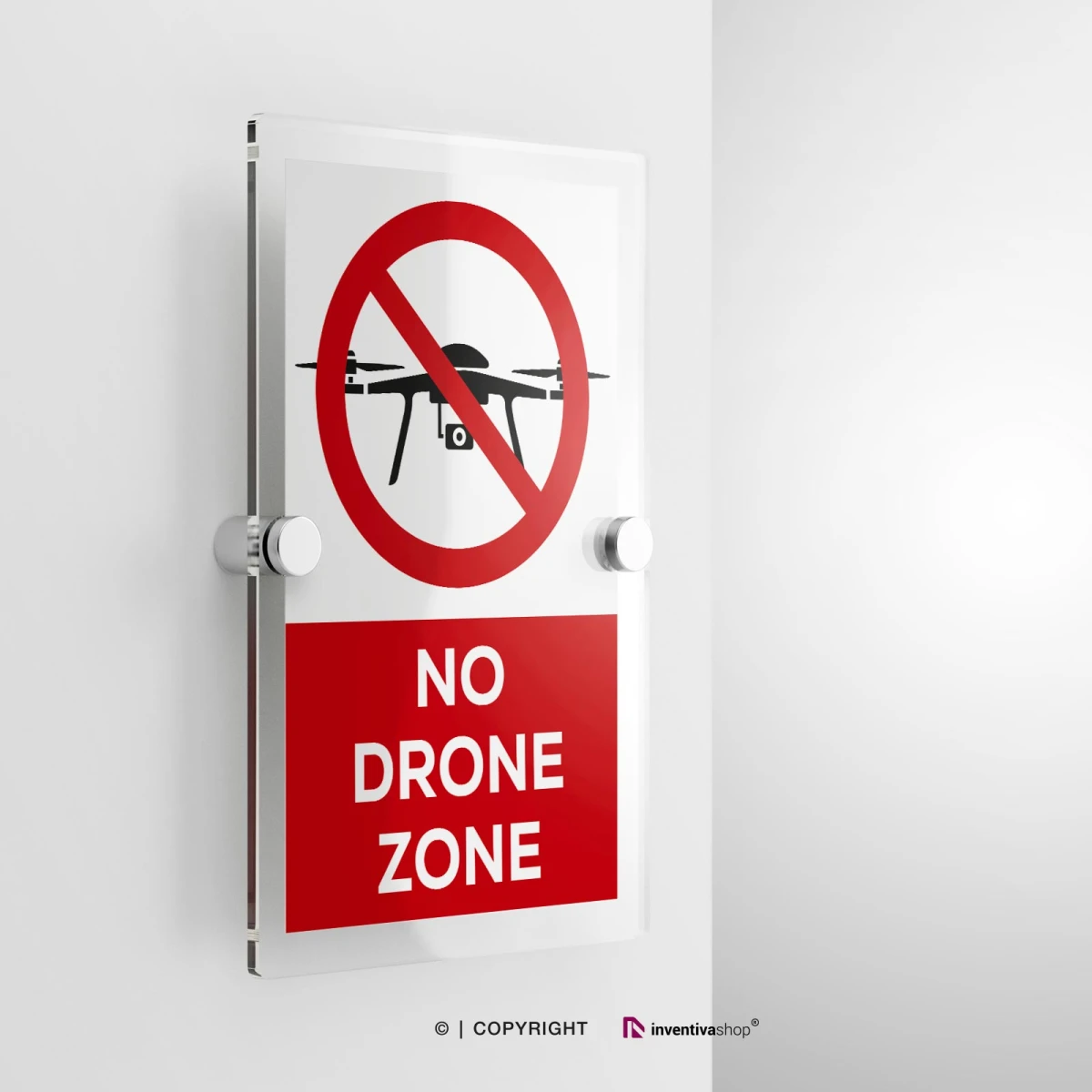 Cartello no drone con testo modello verticale in plexiglass con due distanziatori
