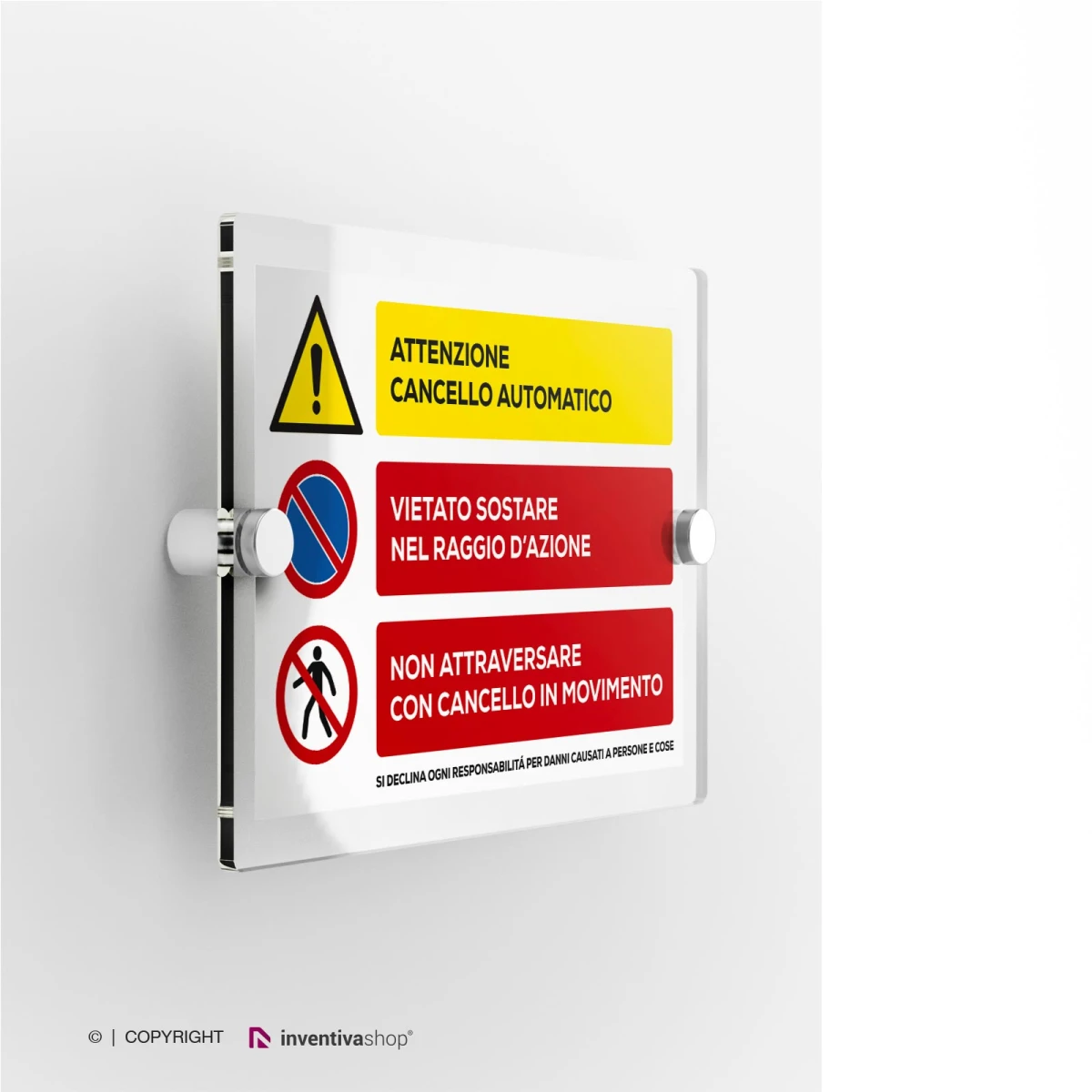 Cartello attenzione cancello automatico vietato sostare e attraversare modello orizzontale in plexiglass con due distanziatori