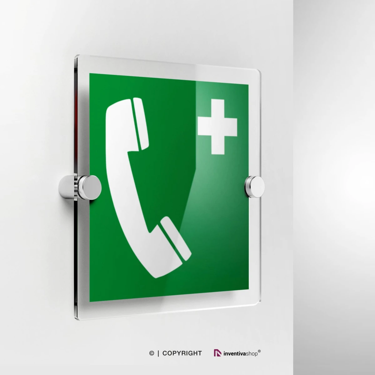 Cartello in plexiglass uscita di emergenza con simbolo telefono d'emergenza E004