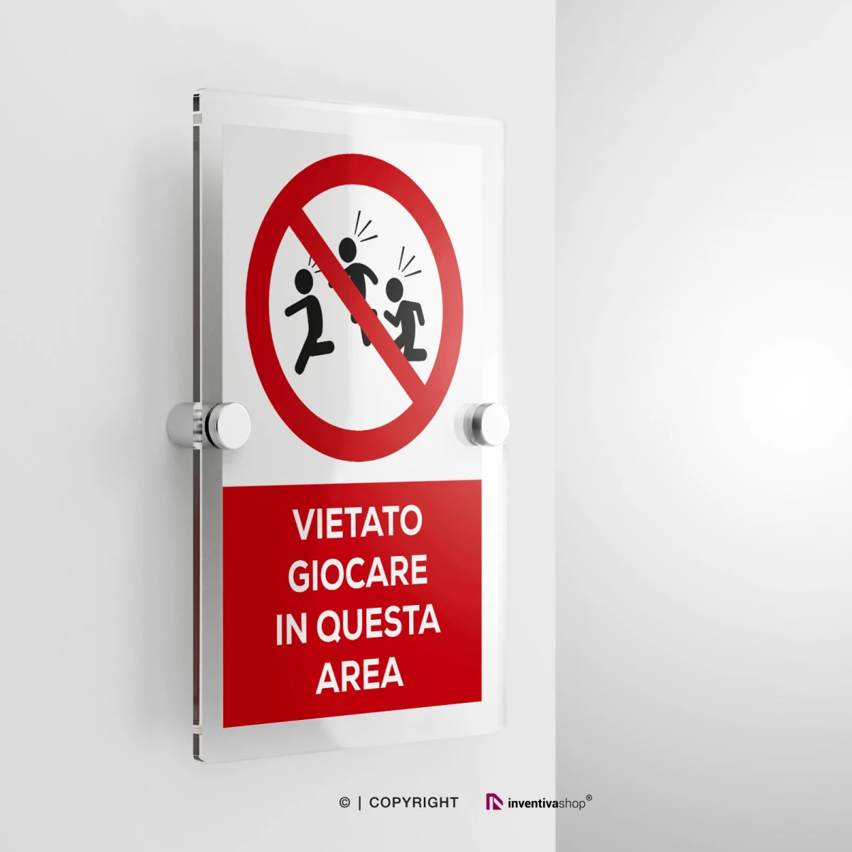 Cartello vietato giocare in questa area con testo modello verticale in plexiglass con due distanziatori
