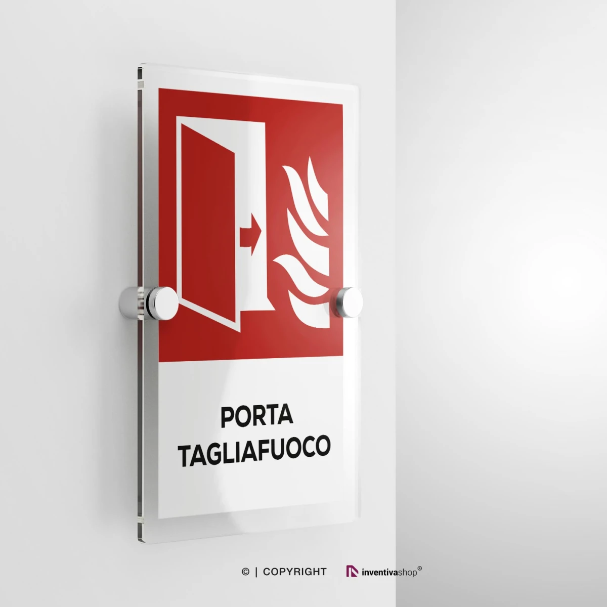 Cartello porta tagliafuoco antincendio con testo modello verticale in plexiglass con due distanziatori