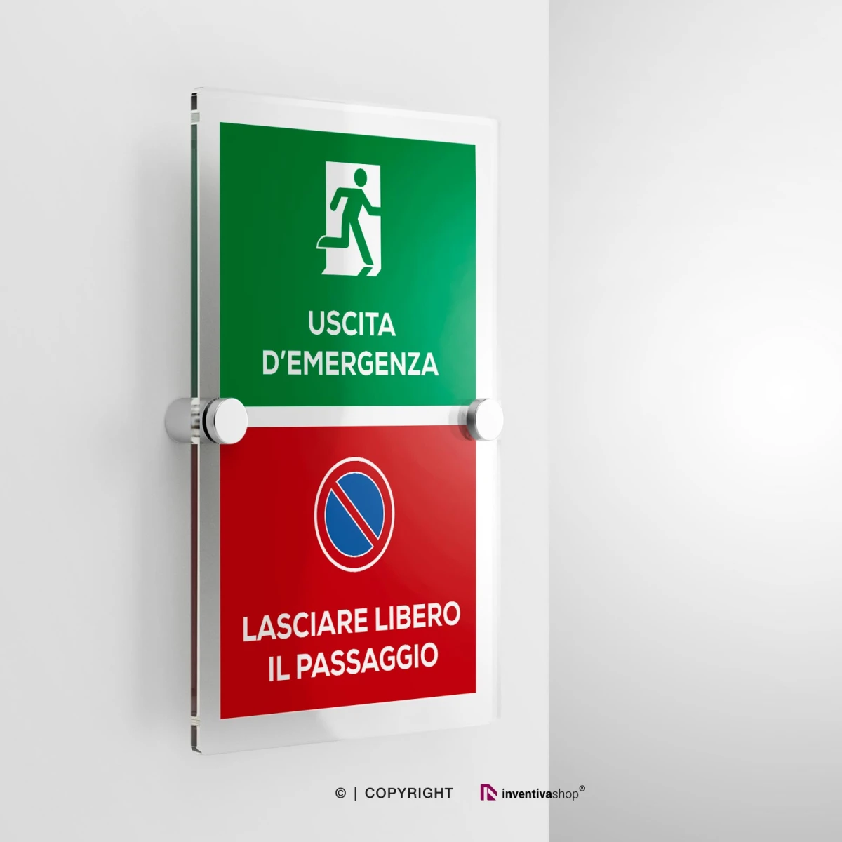 Cartello uscita d'emergenza e lasciare libero il passaggio modello verticale in plexiglass con due distanziatori