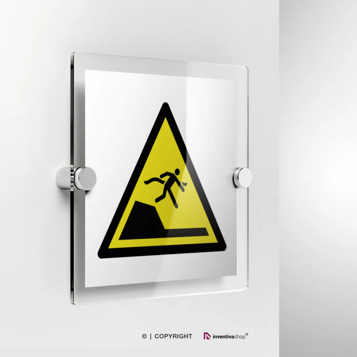 Cartello di pericolo attenzione dislivello improvviso W050 in plexiglass con fissaggio a parete