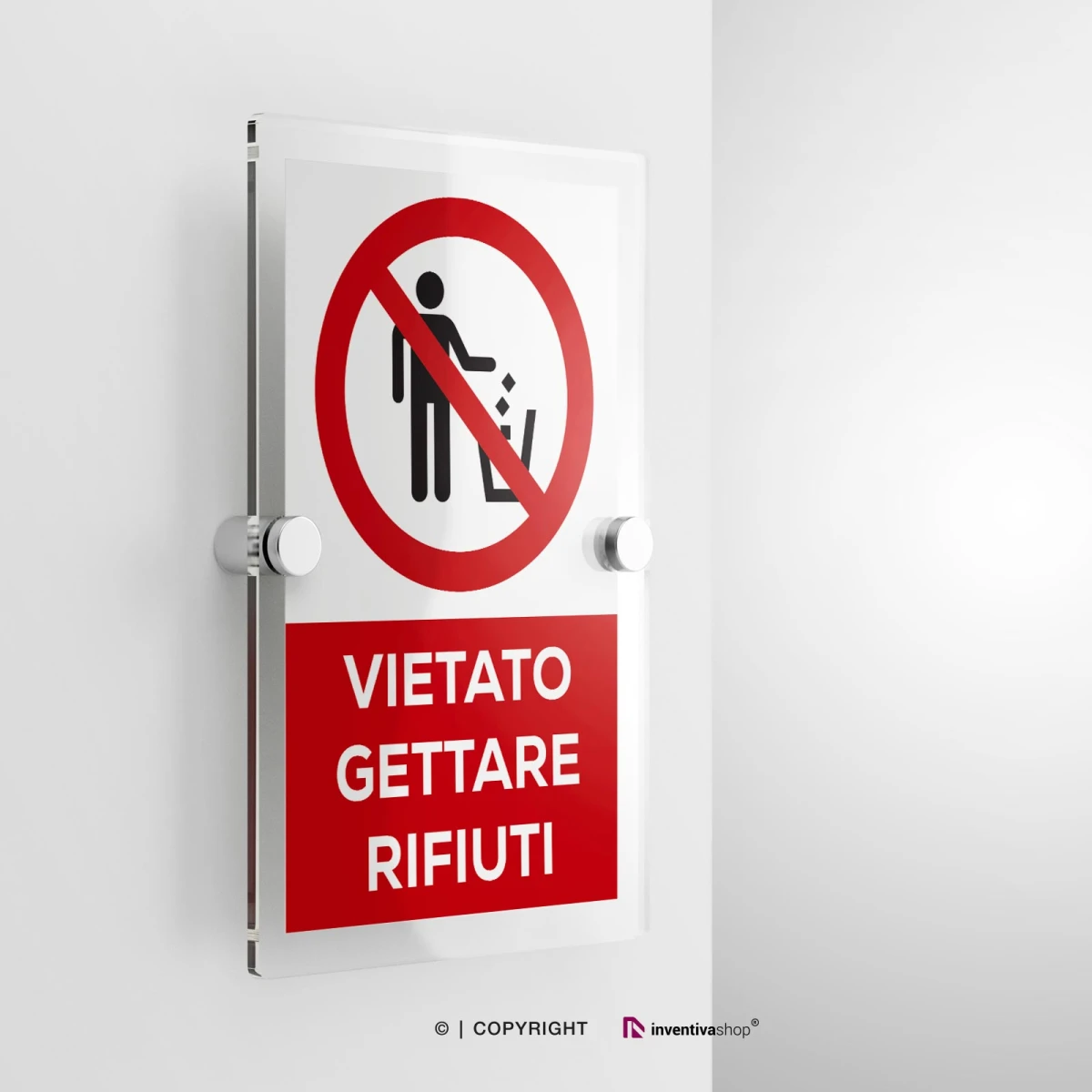 Cartello vietato gettare rifiuti con testo modello verticale in plexiglass con due distanziatori
