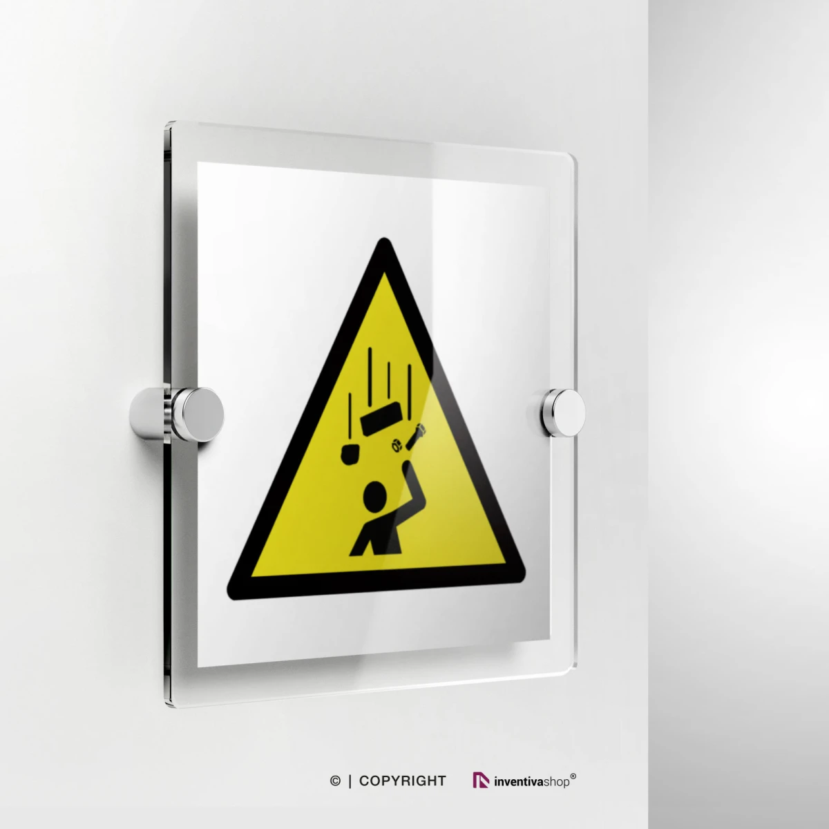 Cartello pericolo caduta oggetti W035 in plexiglass con fissaggio a parete