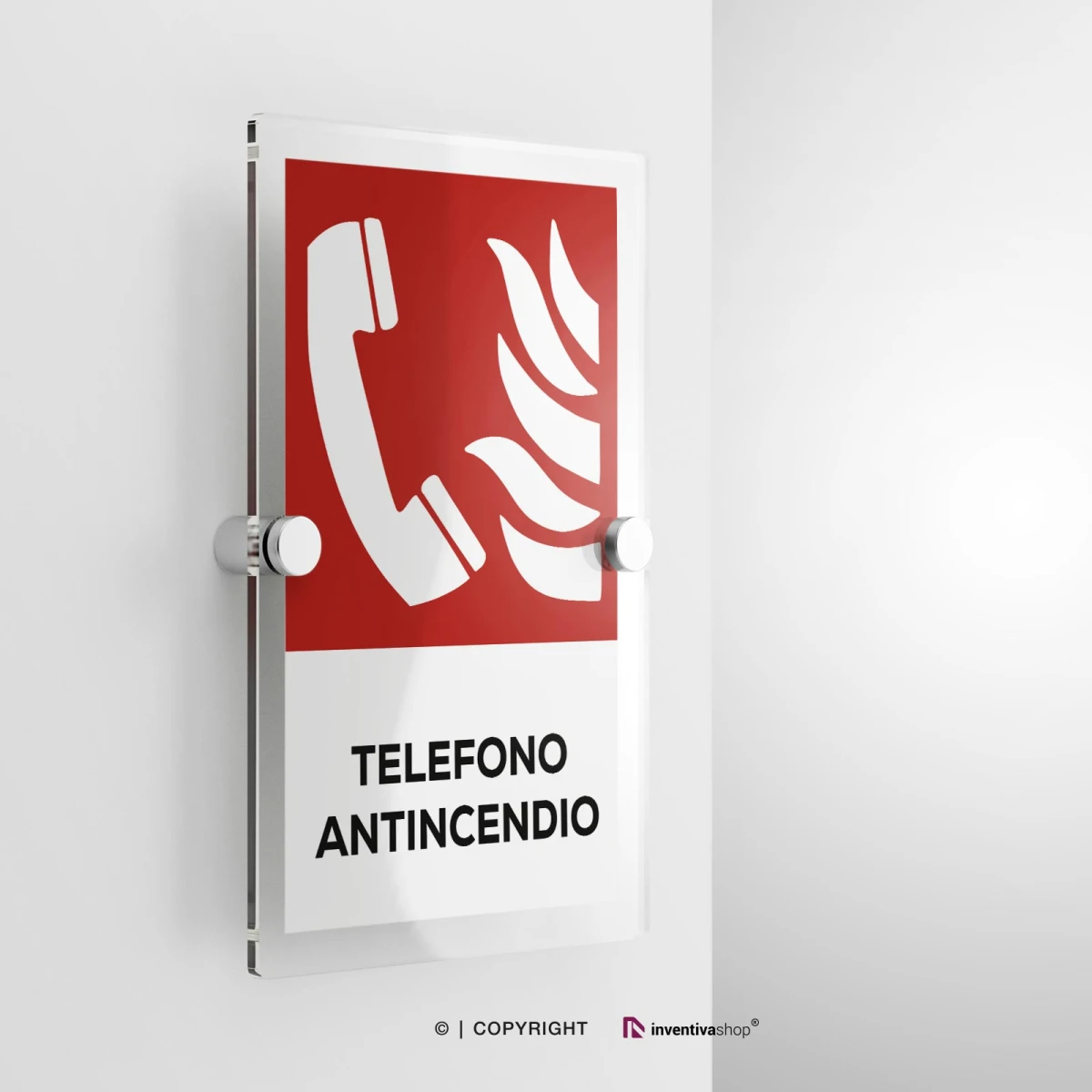 Cartello telefono antincendio con testo modello verticale in plexiglass con due distanziatori