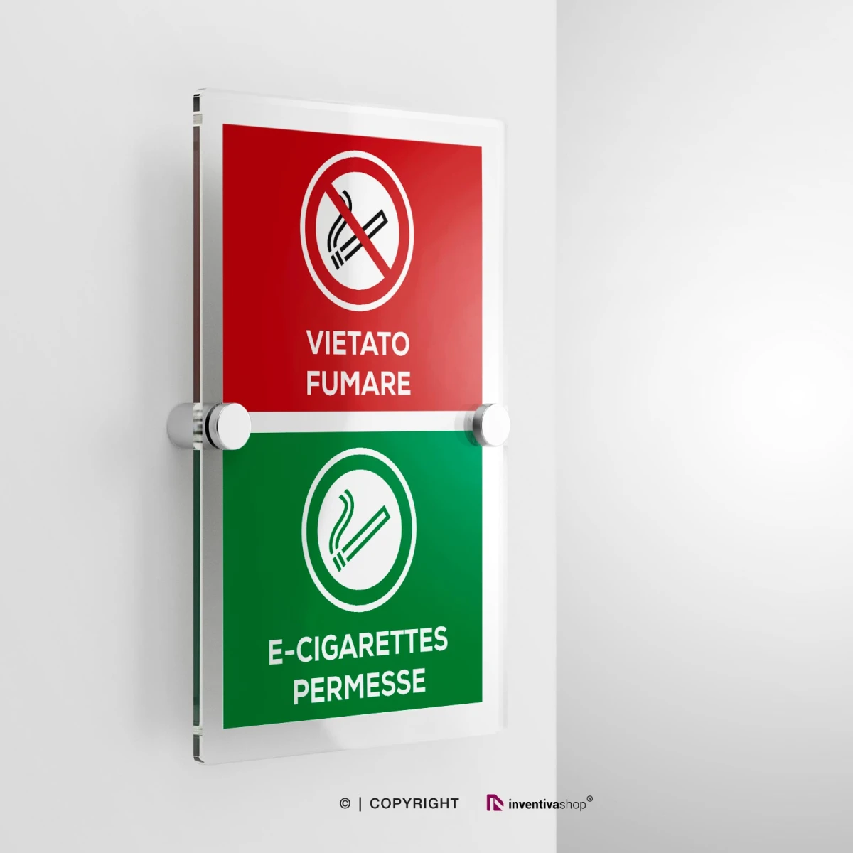Cartello vietato fumare, sigarette elettroniche permesse modello verticale in plexiglass con due distanziatori