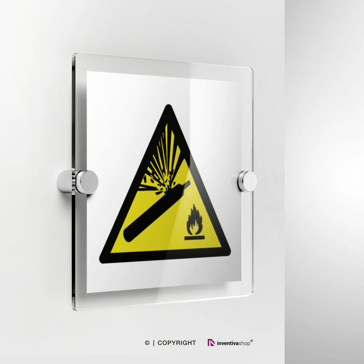 Cartello pericolo bombola pressurizzata W029 in plexiglass con fissaggio a parete