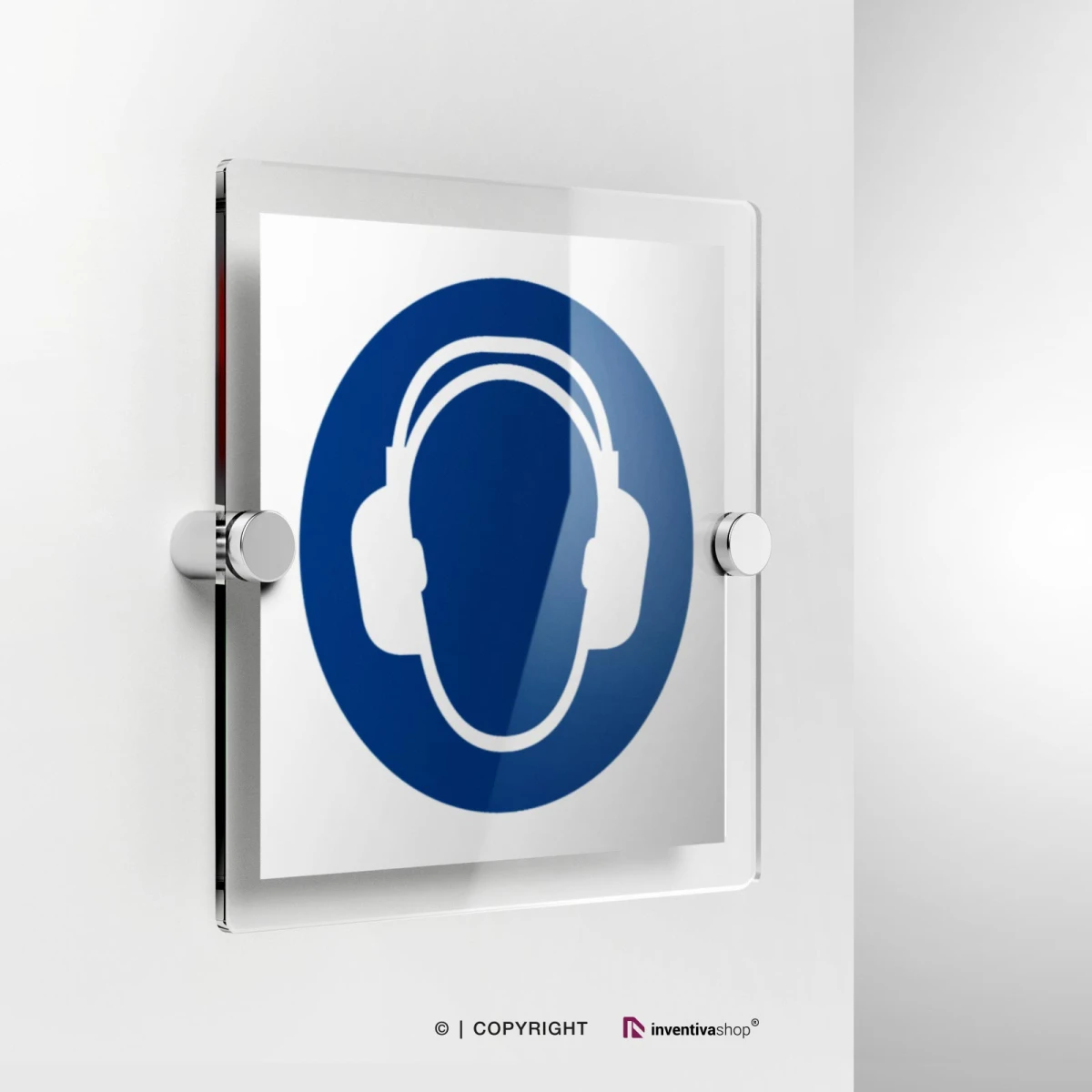 Cartello obbligo di indossare la cuffia antirumore M003 in plexiglass con fissaggio a parete