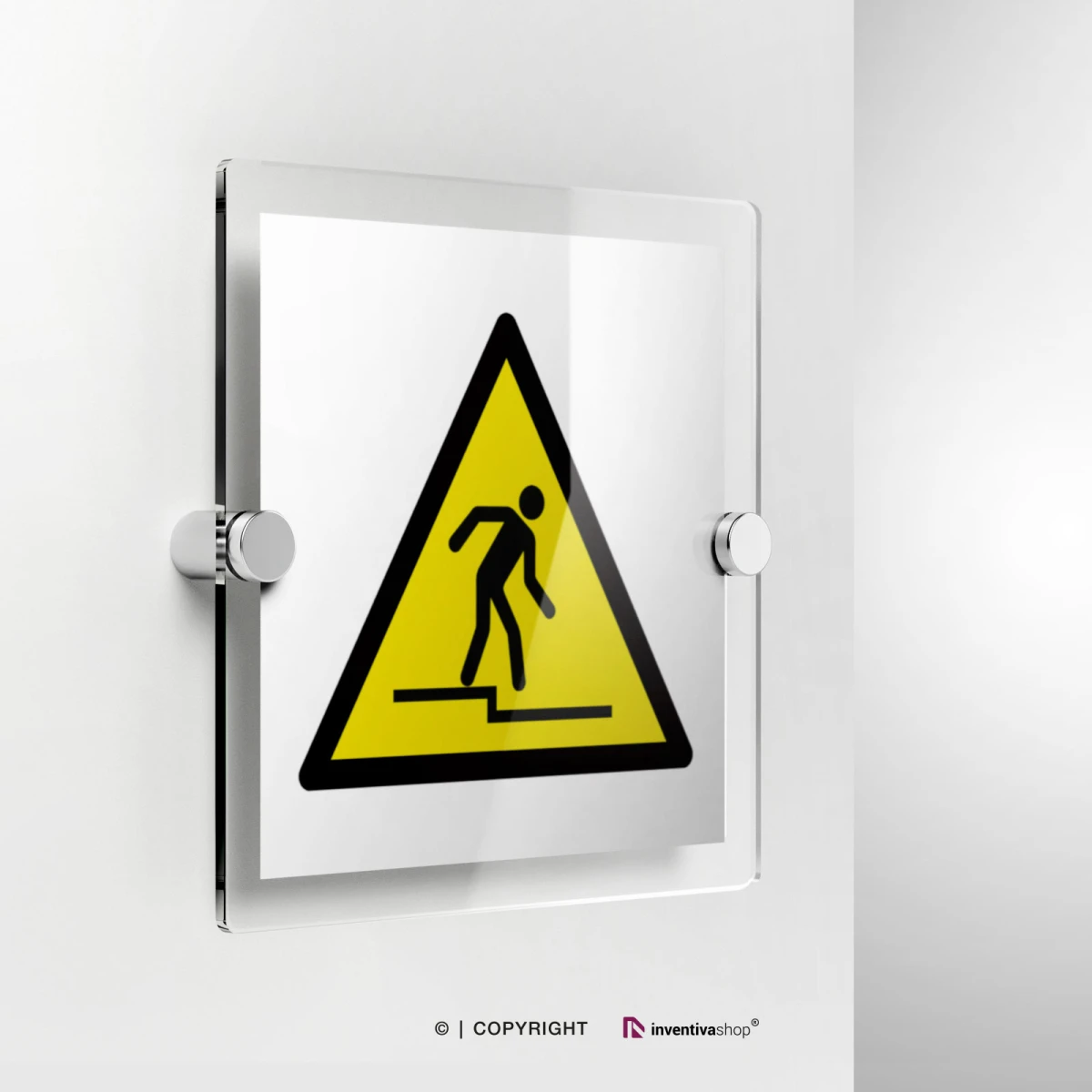 Cartello di pericolo attenzione gradino W070 in plexiglass con fissaggio a parete