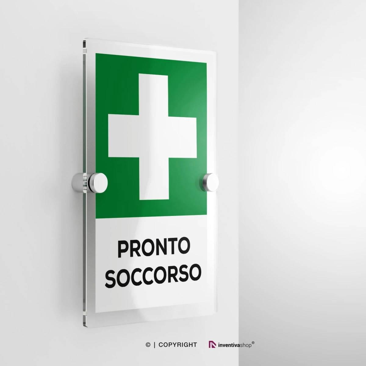 Cartello pronto soccorso con testo modello verticale in plexiglass con due distanziatori
