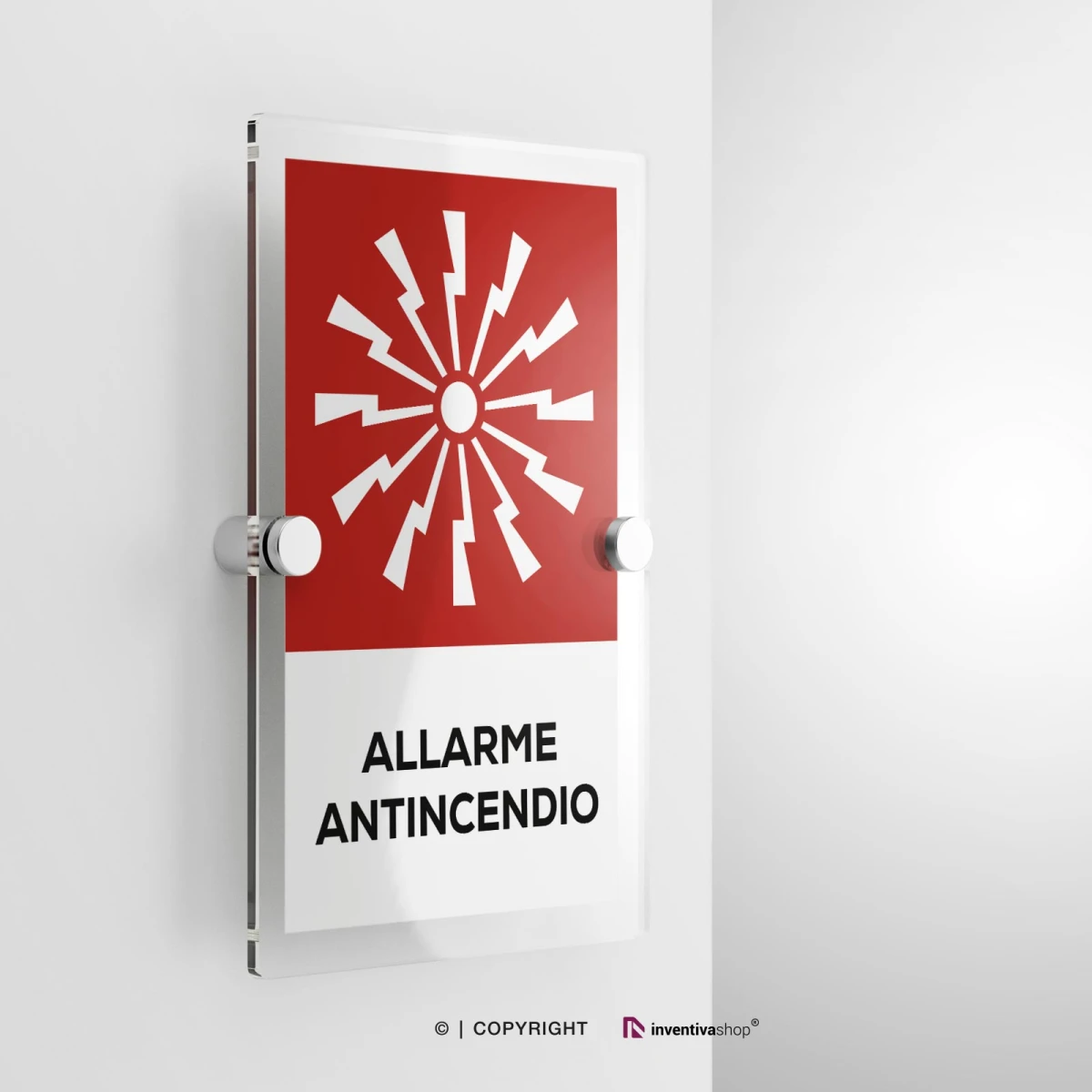 Cartello allarme antincendio con testo modello verticale in plexiglass con due distanziatori