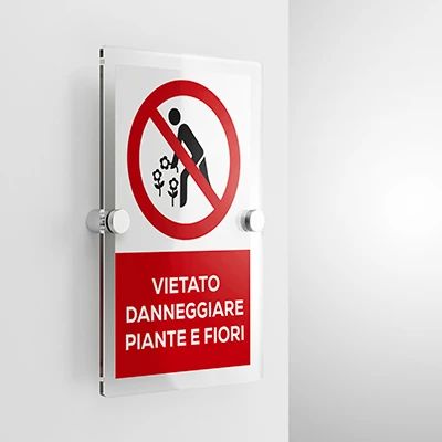Cartello vietato danneggiare piante e fiori con testo mod. verticale